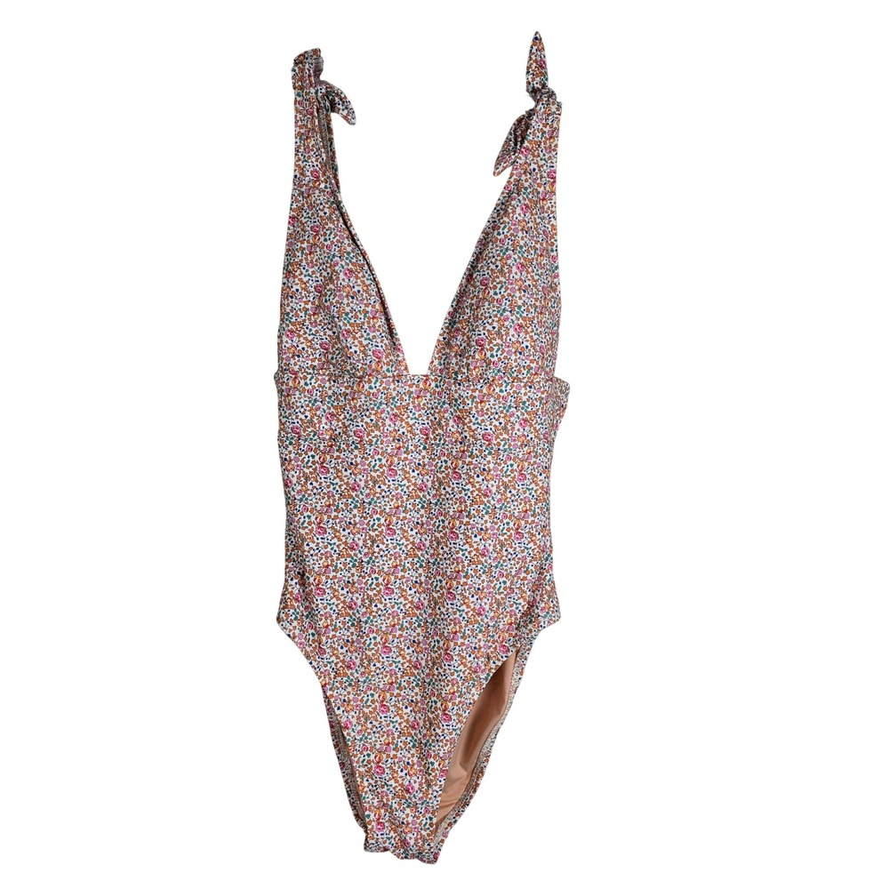 J. Crew Liberty London Floral One Piece Swimsuit Size 2 Tie Shoulder Plunge Pink